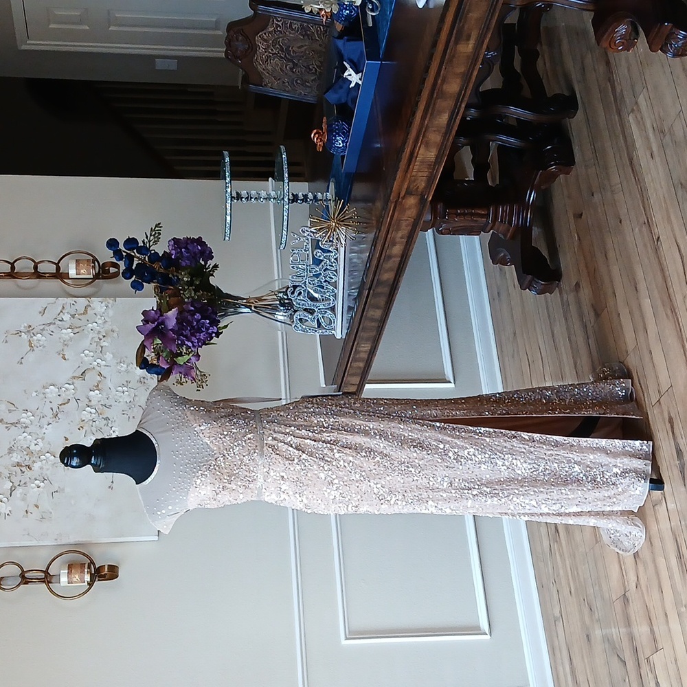 New Women's Mac Duggal Embellished Neck Illusion Cap Sleeve Floor Length Gown 4 - Picture 3 of 17